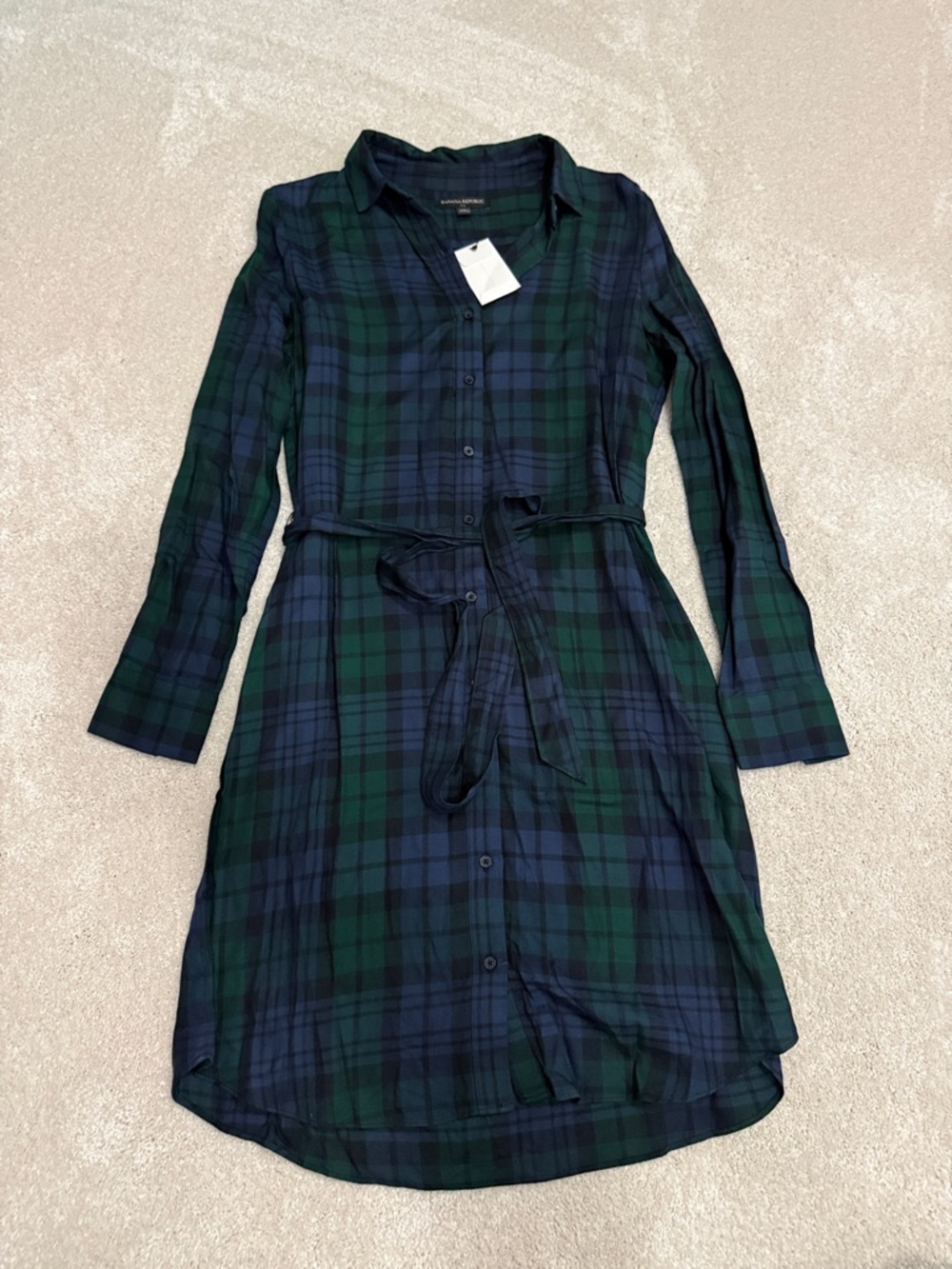 Banana Republic Navy and Green Plaid Long-Sleeve Shirt Dress